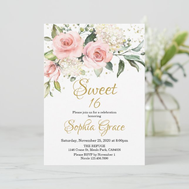 Den  rosan vid blommigten ro guld sweet sixteen inbjudningar (Stående Fram)