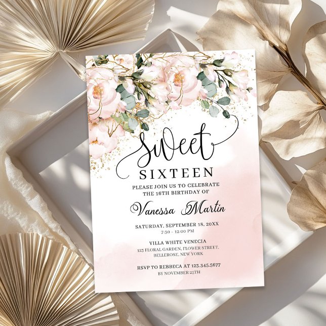 Den  rosan vid blommigten ro guld sweet sixteen inbjudningar (Rustic blush pink floral rose gold sweet sixteen invitation)