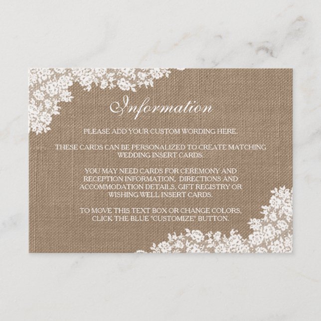 Den rustika jute- och vintagevita spetskollketione tilläggskort (Framsida)
