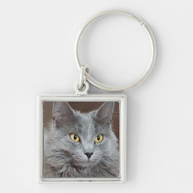 Den ryska blå nebelung Cat Keychain Fyrkantig Silverfärgad Nyckelring (Framsidan)