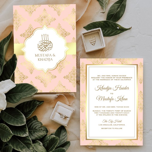 Den  ryska Rosa Guld Damask Muslim Bröllop Inbjudningar (Skapare uppladdad)