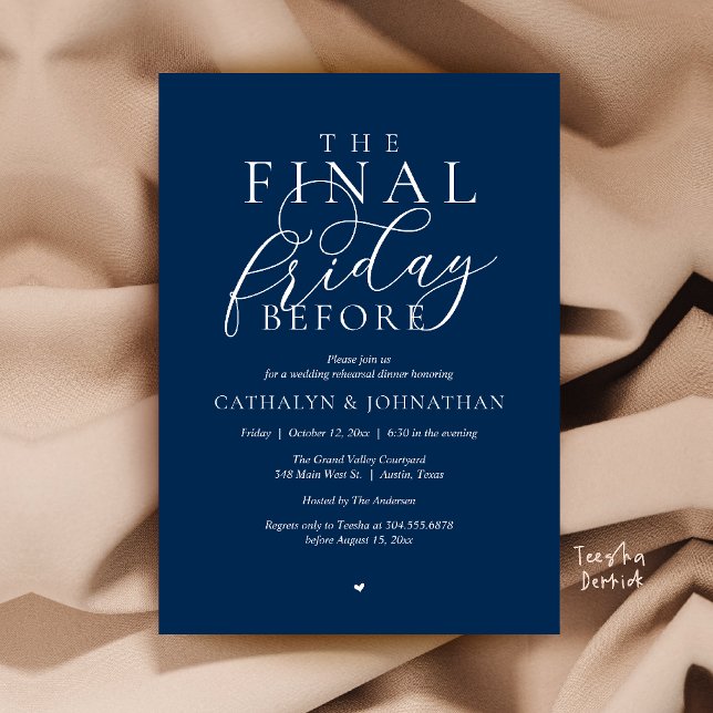 “Den sista fredagen före” Klassisk middag före brö Inbjudningar (“The Final Friday Before” Romance Classy Rehearsal Dinner Invitation Card in Navy Blue)