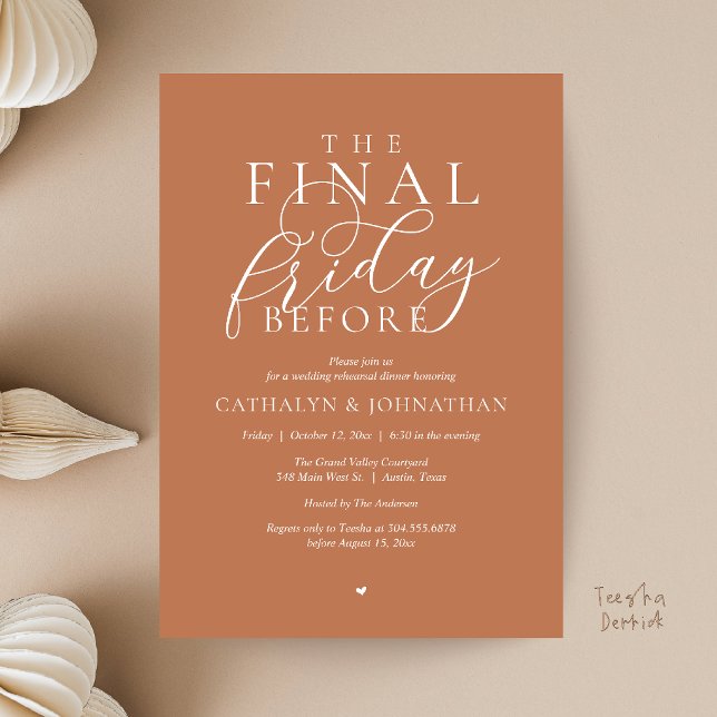 “Den sista fredagen innan” Klassisk middag före br Inbjudningar (“The Final Friday Before” Romance Classy Rehearsal Dinner Invitation Card in Copper Brown)