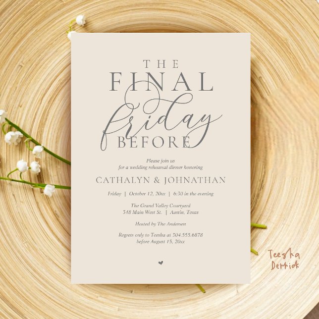 “Den sista fredagen innan” Klassisk middag före br Inbjudningar (“The Final Friday Before” Romance Classy Rehearsal Dinner Invitation Card in Cream Grey)