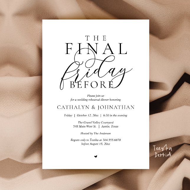 “Den sista fredagen innan” Klassisk middag före br Inbjudningar (“The Final Friday Before” Romance Classy Rehearsal Dinner Invitation Card in Black and White)
