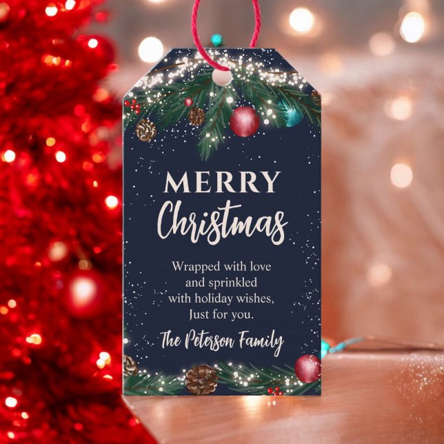 Den sista julblått ljus gräs grenar snö presentetikett (Festive Christmas lights pine branches snow blue Gift Tags)