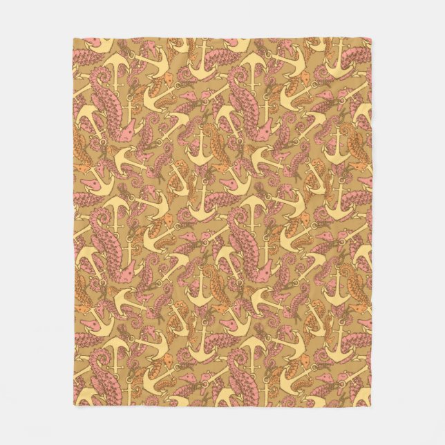 Den Sketchy seahorsen och ankrar mönster Fleecefilt (Framsidan)