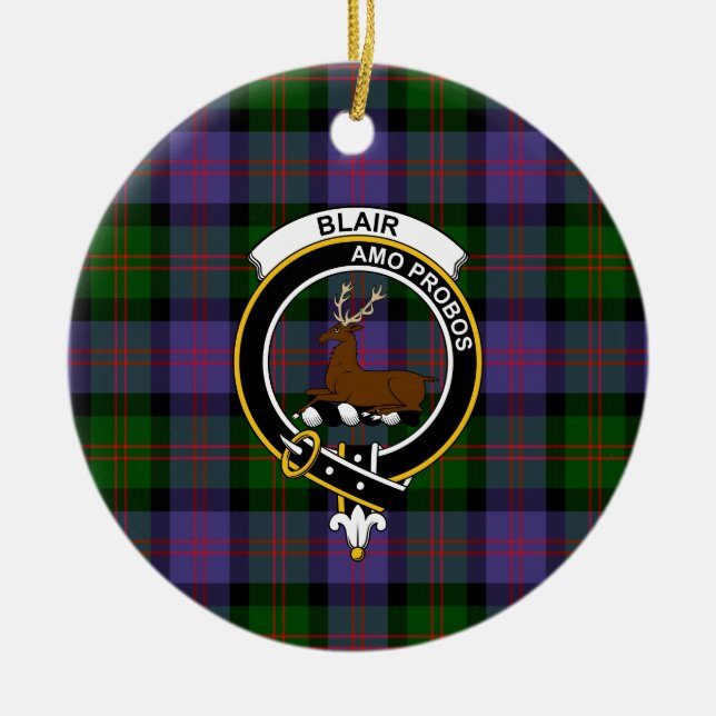 Den skotska Klan Blair Modern Tartan och Vapensköl Julgransprydnad Keramik (Framsidan)