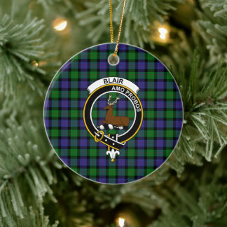 Den skotska Klan Blair Tartan och Vapensköld Julgransprydnad Keramik