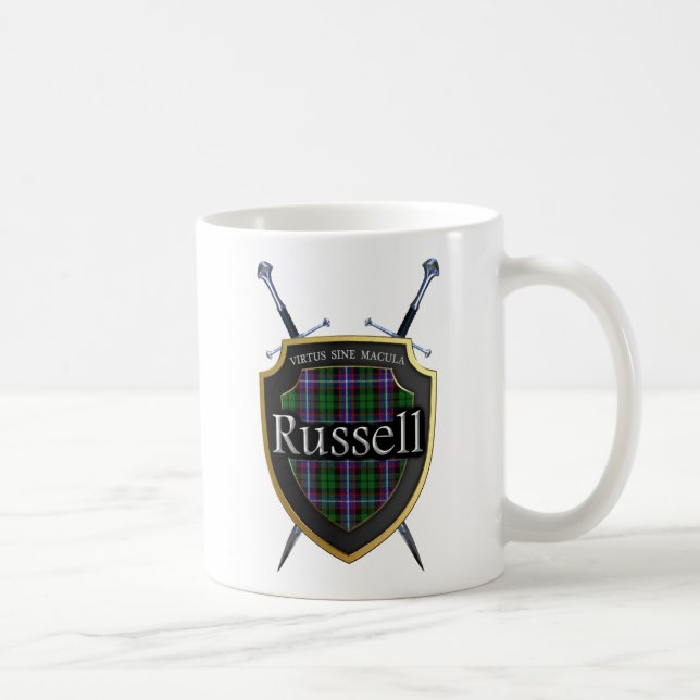 Den skotska klanRussell tartanen skyddar & svärd Kaffemugg (Höger)