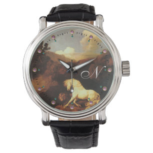 Den skrämda vita hästen med ett Lejont monogram Armbandsur