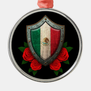 Den slitna mexicanska flagga skyddar med röd ros julgransprydnad metall