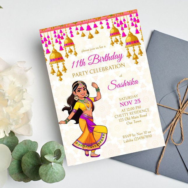 Den söta indianska flickan i Indiska stil födelsed Inbjudningar (Indian style birthday party cute Indian girl template Invitation digital download Bollywood party)