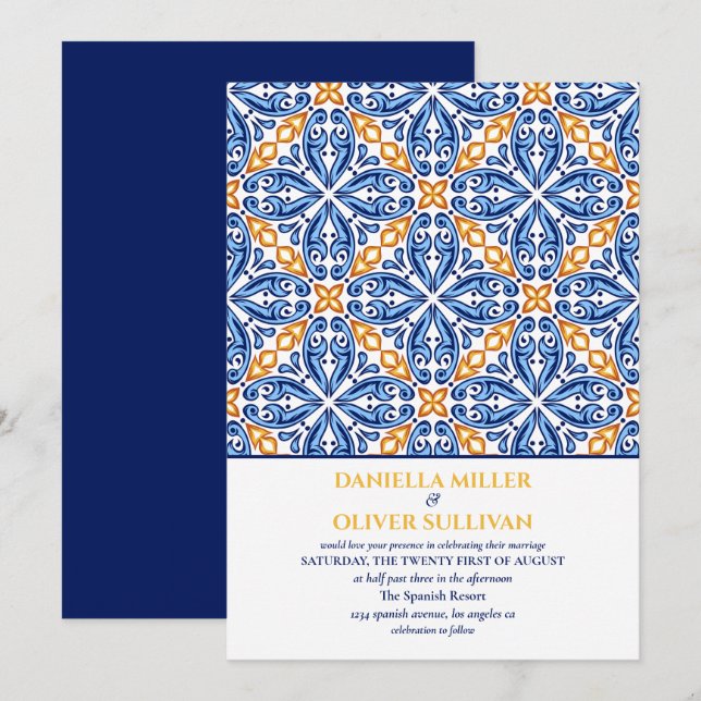Den spanska blå Gulten Tile Mediterranean bröllop Inbjudningar (Fram/baksida)