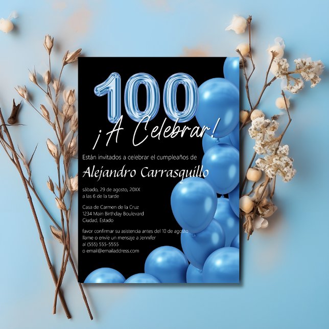 Den spanska Eleganten Blue Balloons Black 100 Birt Inbjudningar (Skapare uppladdad)