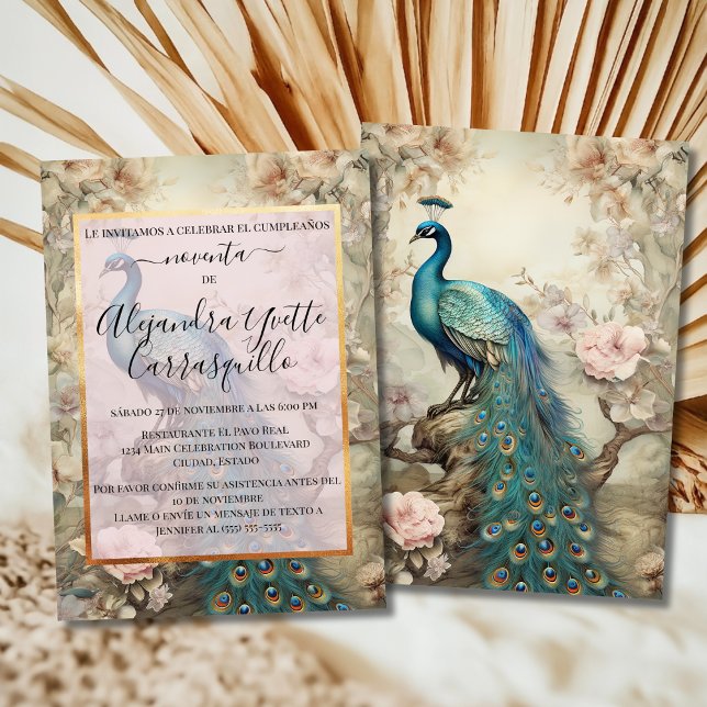 Den spanska Eleganten Blue & Guld Peacock 90:e föd Inbjudningar (Skapare uppladdad)
