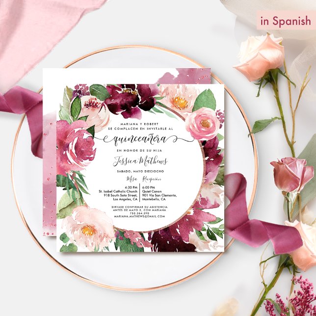 Den spanska Eleganten Burgundy Rosa  Quinceanera Inbjudningar (Skapare uppladdad)