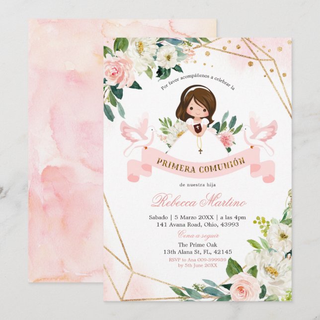 Den spanska Rosan och den Guld Blommigten Girl Pri Inbjudningar (Fram/baksida)