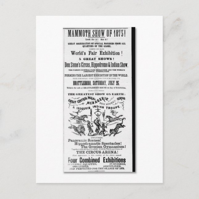 Den Stones cirkus, menagerie och indisk show ad Vykort (Framsida)