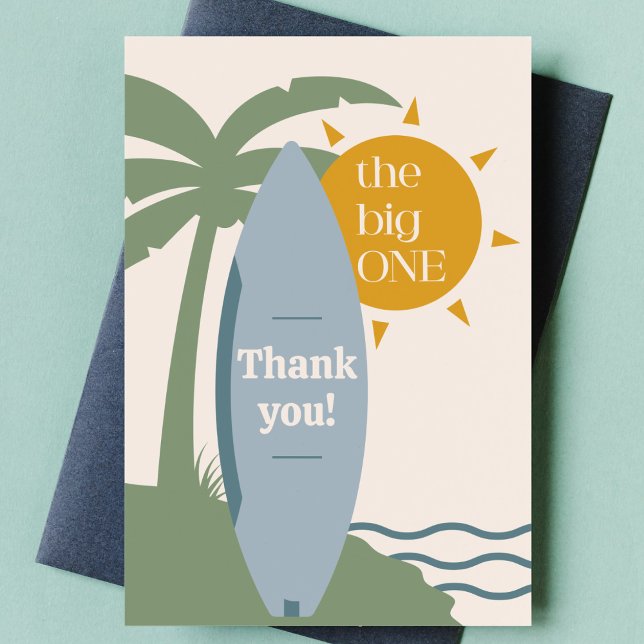 "Den stora ENA" Surfboard Ocean 1st Birthday Party Tack Kort ("the big one" surfboard first birthday party thank you note surfing 1st bday thanks card blue boy )