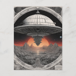 Den stora mörken rymdskepp seglade genom djupt vykort