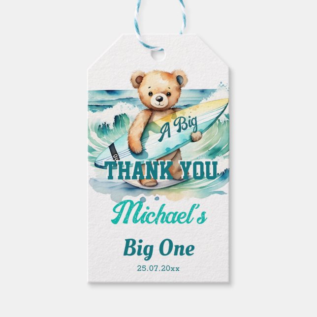 Den stora surfande födelsedagsfesten tackar dig presentetikett (Framsidan)