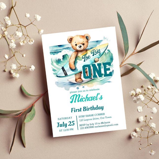 Den stora surfplattan i födelsedagsfesten har tedd inbjudningar (The big one surfing ocean themed birthday party template invitation instant download surfer tedddy)
