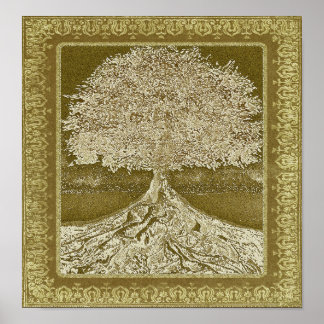 Den stressade Vintagen Gamla Guld Färgad Träd Poster