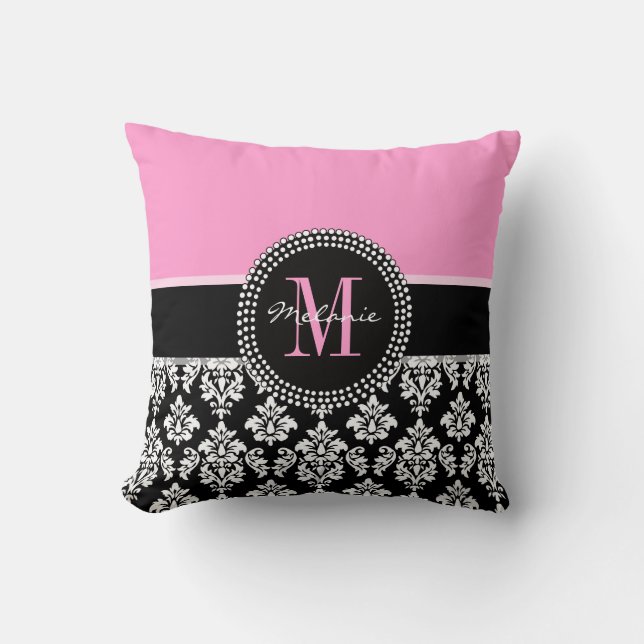 Den svart damastast rosa Monogrampersonligen Kudde (Framsida)