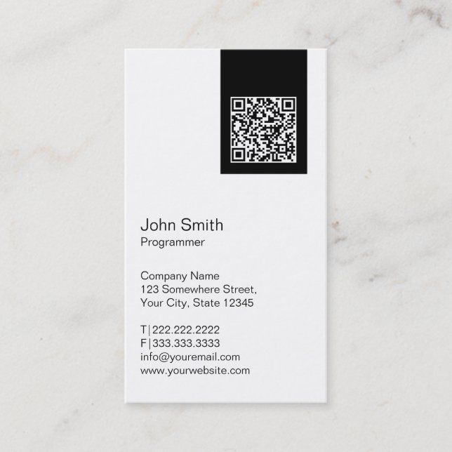 Den svart etiketten QR kodifierar Visitkort (Framsida)