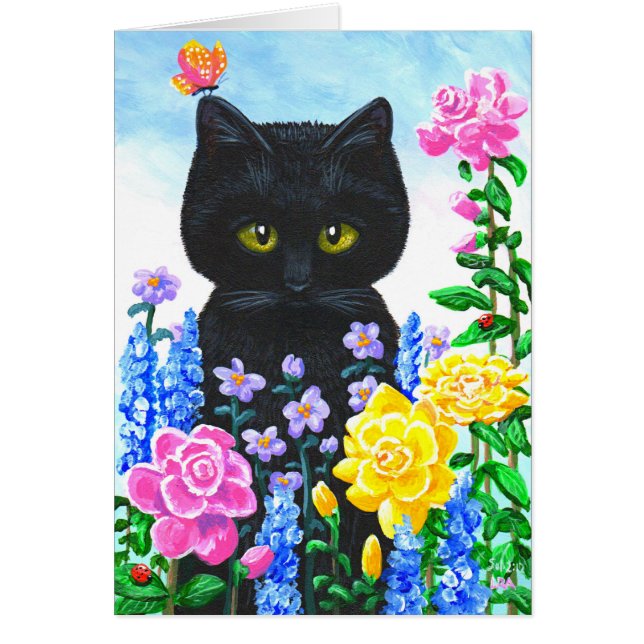 Den svart katten blommar rosommaren Creationarts OBS Kort (Framsidan)
