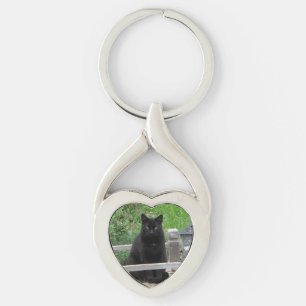 Den svart katten överbryggar på hjärtnyckelring twisted heart silverfärgad nyckelring