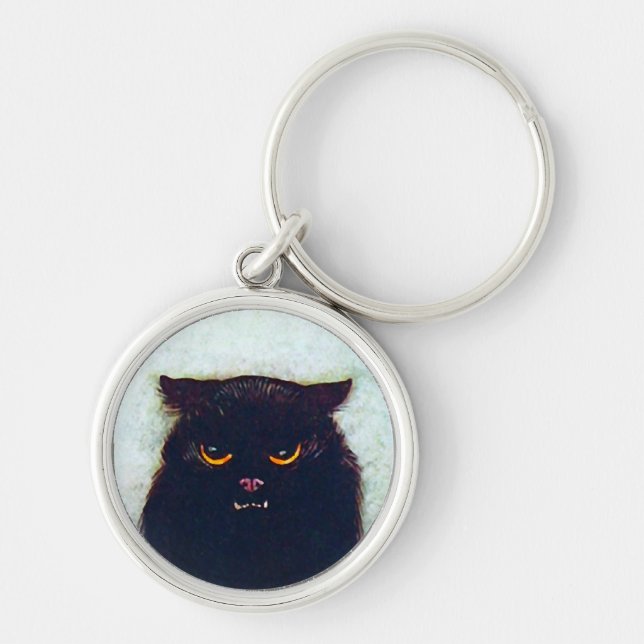 Den svart katten rund silverfärgad nyckelring (Framsidan)