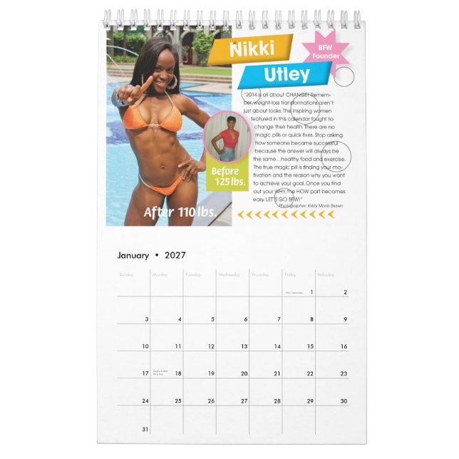 Den svart konditionkvinnadrömmen förkroppsligar kalender (Jan 2027)