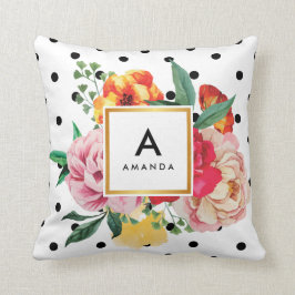Den svart polka dotsvattenfärgpionen blommar kudde