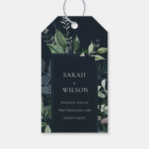 Den svarta Grönten Leafy Tropical Foliage Bröllop Presentetikett