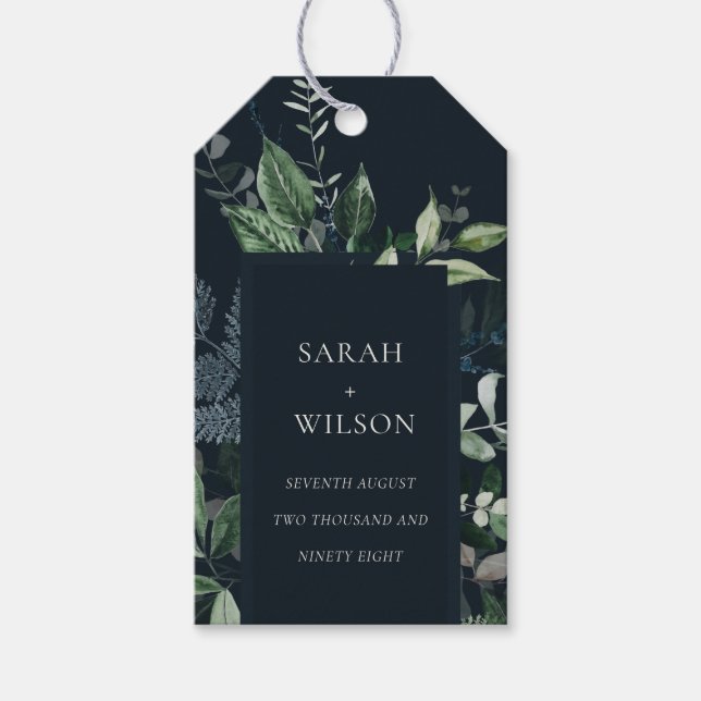 Den svarta Grönten Leafy Tropical Foliage Bröllop Presentetikett (Framsidan)