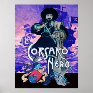 DEN SVARTA KORSAREN /Piratskeppsstrid i blått rosa Poster