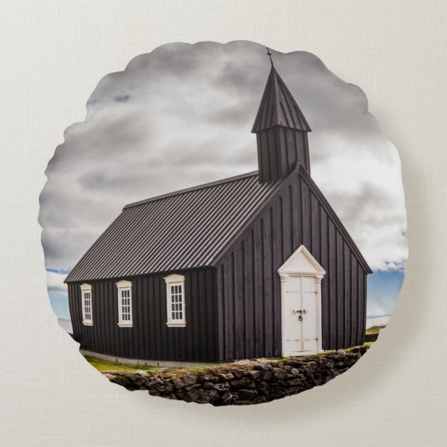 Den svarta kyrkan i Budir, Islandet Rund Kudde (Framsidan)
