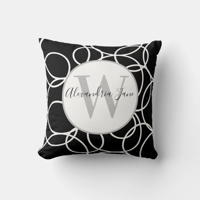 Den svarta moderna Abstrakten Monogram White Circl Kudde (Framsida)