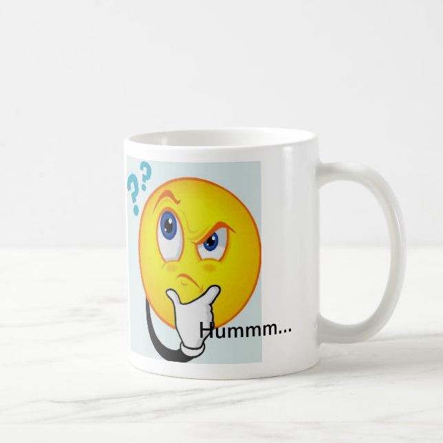 Den tänkande Emoticonmuggen läser Hummm… Kaffemugg (Höger)