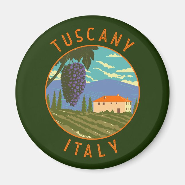 Den toskanska Italien Vineyard Distress Circle Vin Magnet (Framsidan)