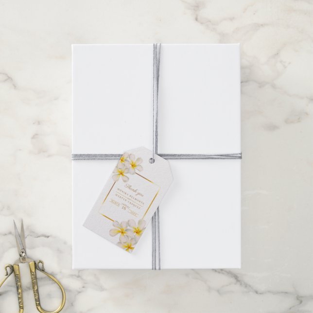 Den tropiska blomkonsten bröllop i guld presentetikett (Med Snöre)