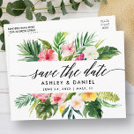 Den tropiska Blommigten Calligraphy sparar datumet Vykort<br><div class="desc">Modern Elegant Calligraphy,  Watercolor Tropical Blommigt och Grey Bröllop spara datum Postcard</div>