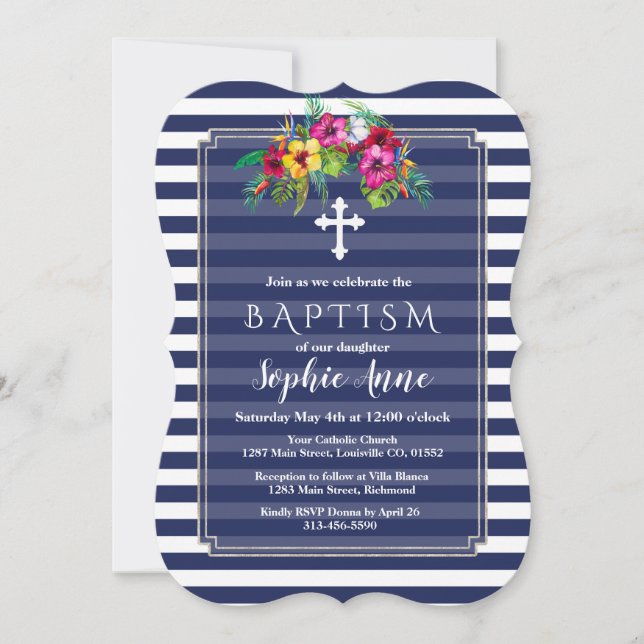 Den tropiska Blommigten Luau Navy Blue Baptism Inb Inbjudningar (Framsida)