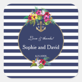 Den tropiska Blommigten Luau Navy Blue Rand Bröllo Fyrkantigt Klistermärke