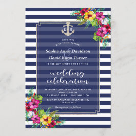 Den tropiska Blommigten Luau Navy Blue Rand Bröllo Inbjudningar