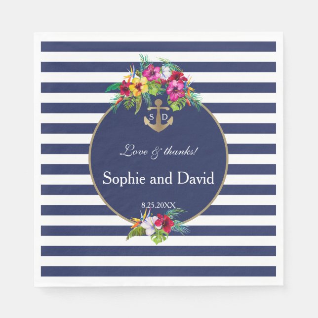Den tropiska Blommigten Luau Navy Blue Rand Bröllo Pappersservett (Framsidan)