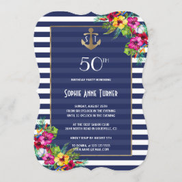 Den tropiska Blommigten Luau Navy Rand Födelsedags Inbjudningar
