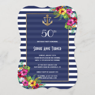 Den tropiska Blommigten Luau Navy Rand Födelsedags Inbjudningar